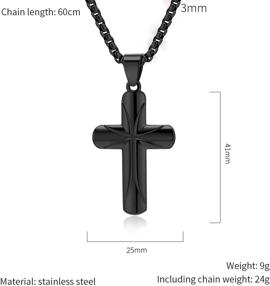 Men Cross Necklace,Stainless Steel Silver/Gold/Black Christian Pendant Necklace Faithful Jewelry60cm Rolo Chain