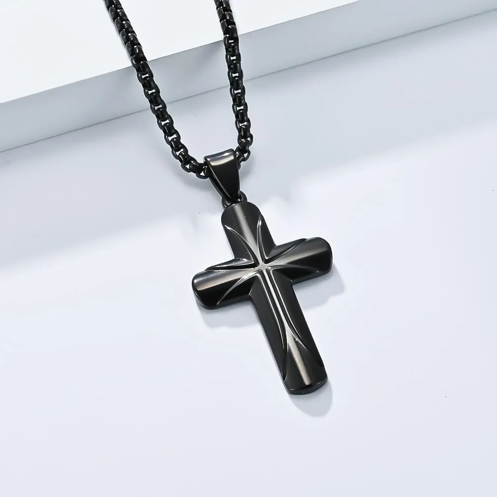 Men Cross Necklace,Stainless Steel Silver/Gold/Black Christian Pendant Necklace Faithful Jewelry60cm Rolo Chain