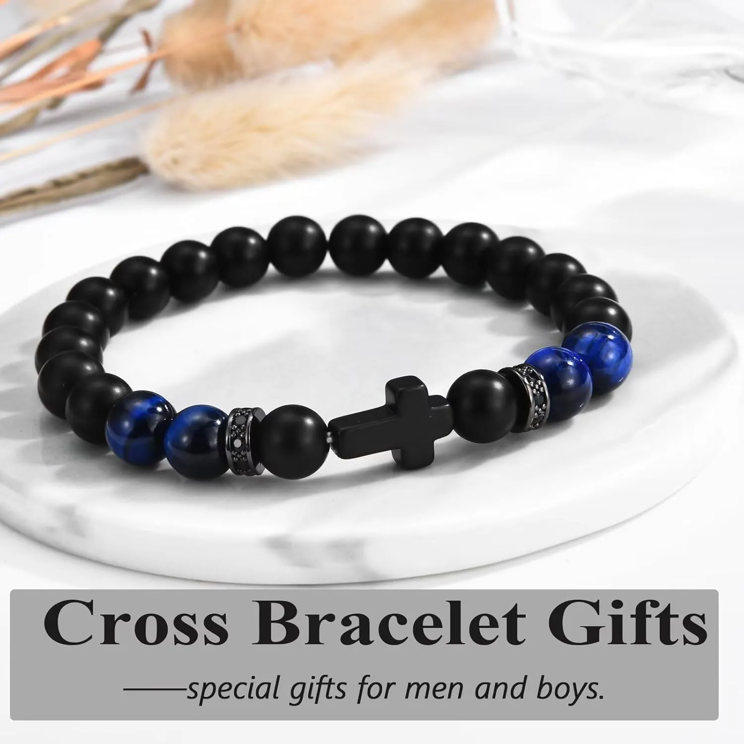Men Gifts Cross Bracelet Gifts Birthday, Christmas, baptism Anniversary Christian Stone Bracelets For Son, Grandson, Brother, Husband