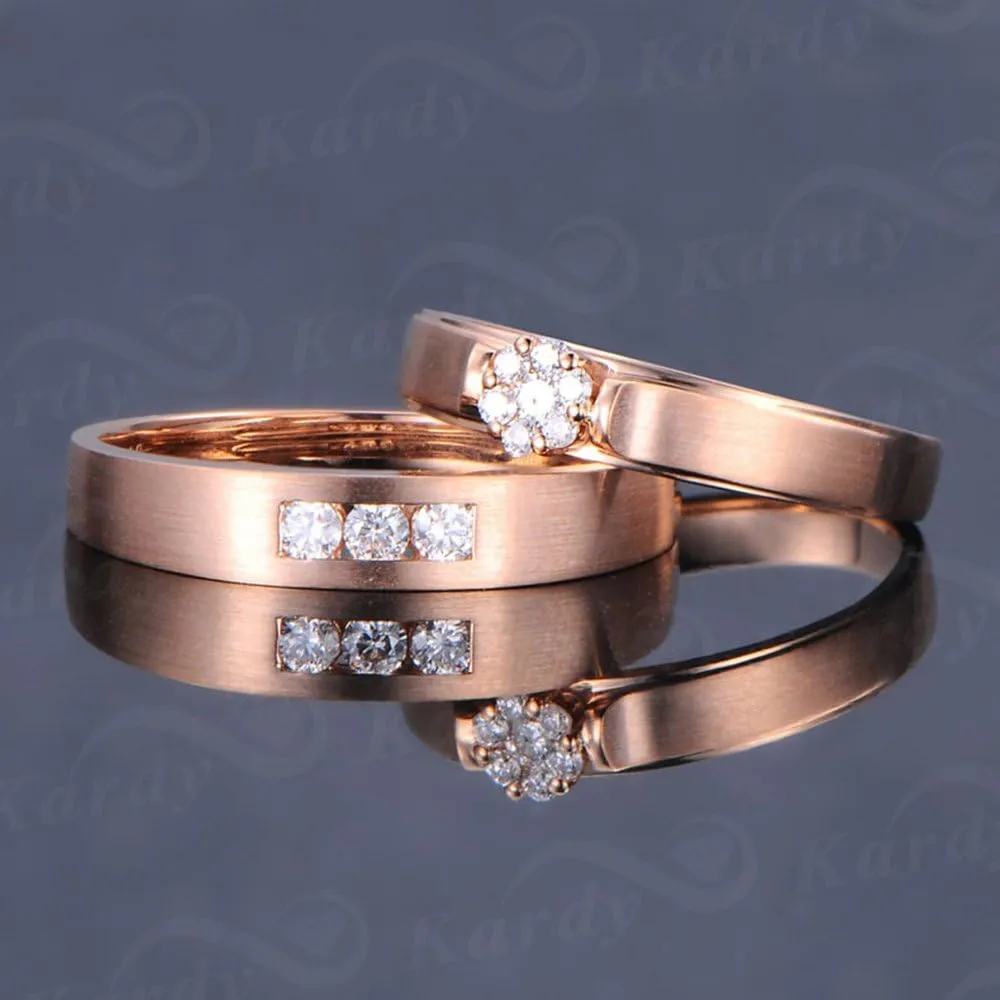 Men's and Women's Unique Fashion Natural Pave Diamond 14K Solid Rose Gold Wedding Engagement Promise Couple Ring Set(0.167cttw,G-H Color,VS-SI1 Clarity)
