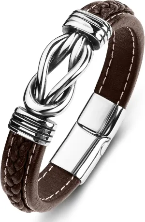 Mens Leather Bracelet,Braided Leather Wristband Cuff Bracelets Stainless Steel Clasp,Jewellery Gift for Men