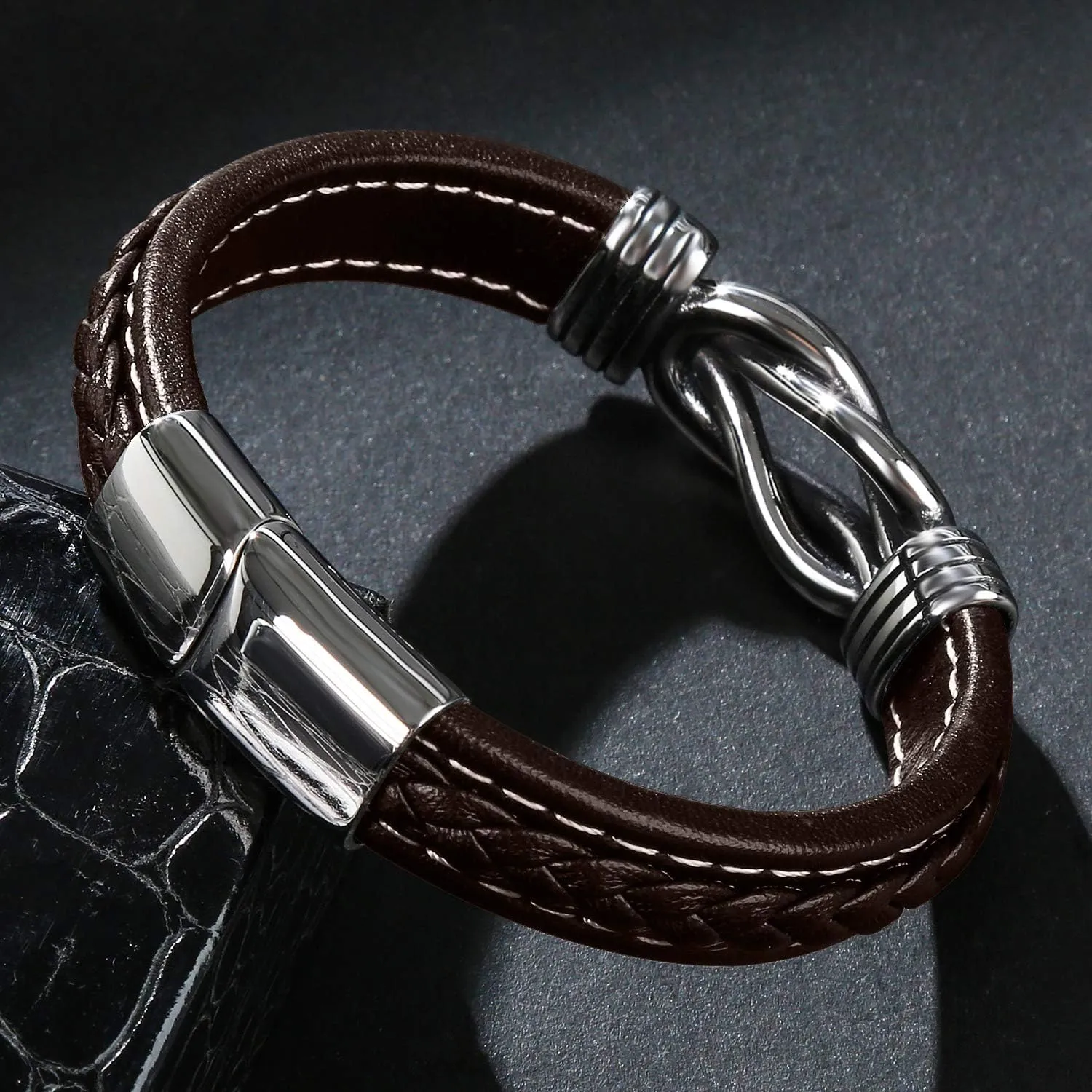 Mens Leather Bracelet,Braided Leather Wristband Cuff Bracelets Stainless Steel Clasp,Jewellery Gift for Men