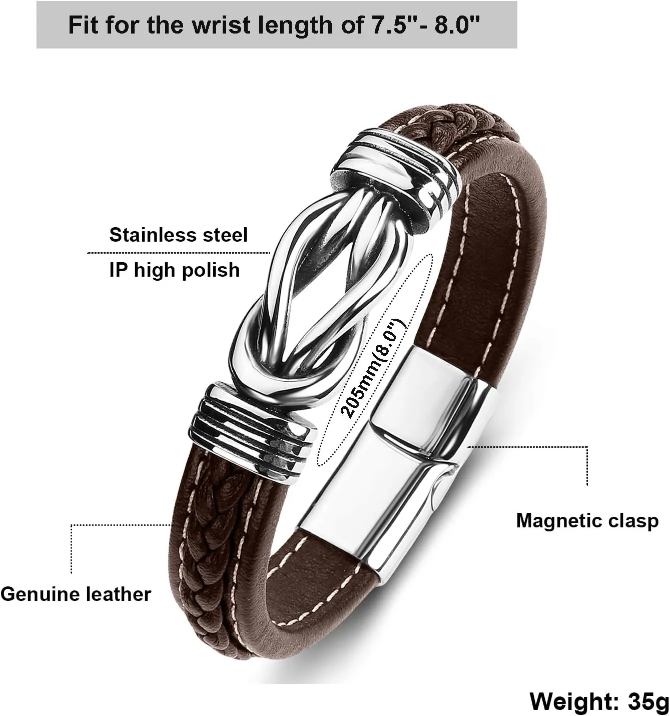 Mens Leather Bracelet,Braided Leather Wristband Cuff Bracelets Stainless Steel Clasp,Jewellery Gift for Men