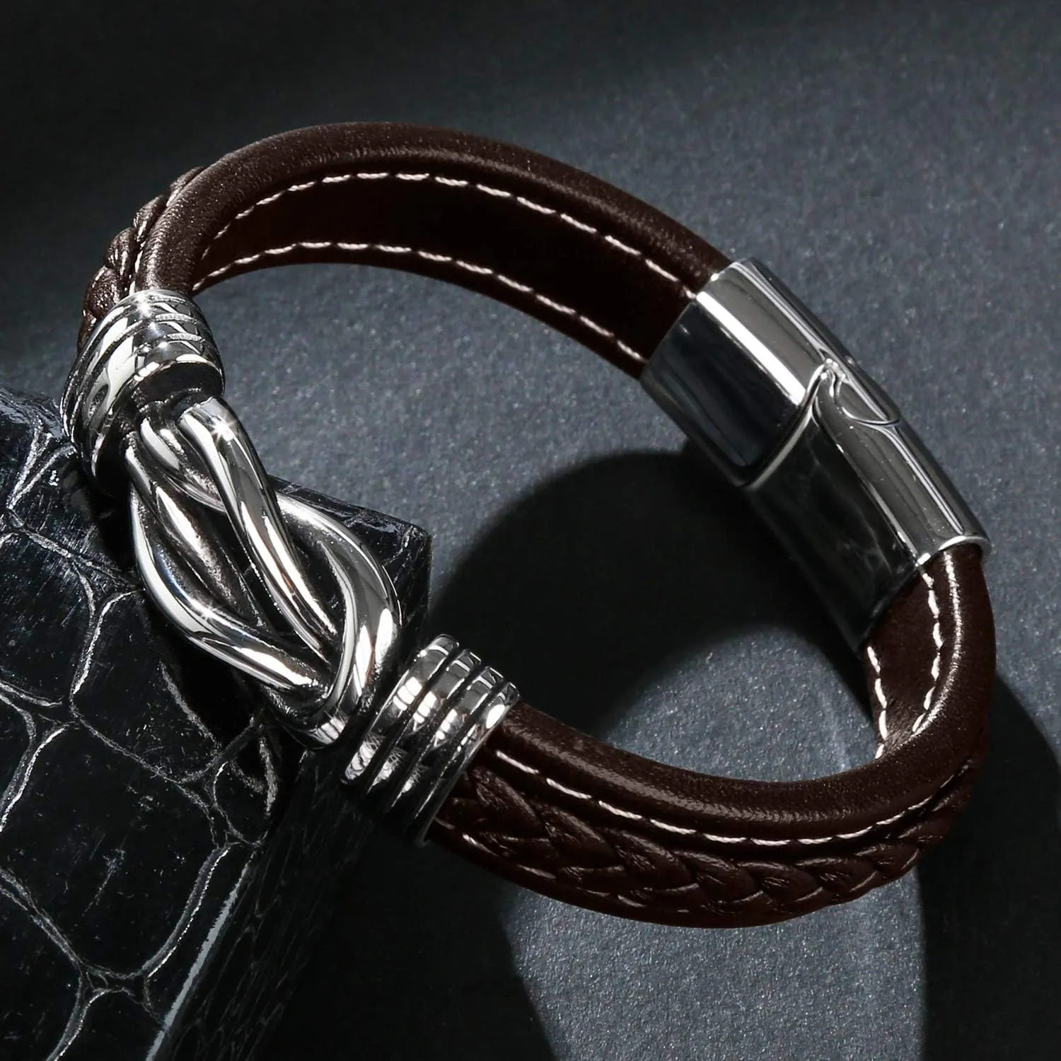 Mens Leather Bracelet,Braided Leather Wristband Cuff Bracelets Stainless Steel Clasp,Jewellery Gift for Men
