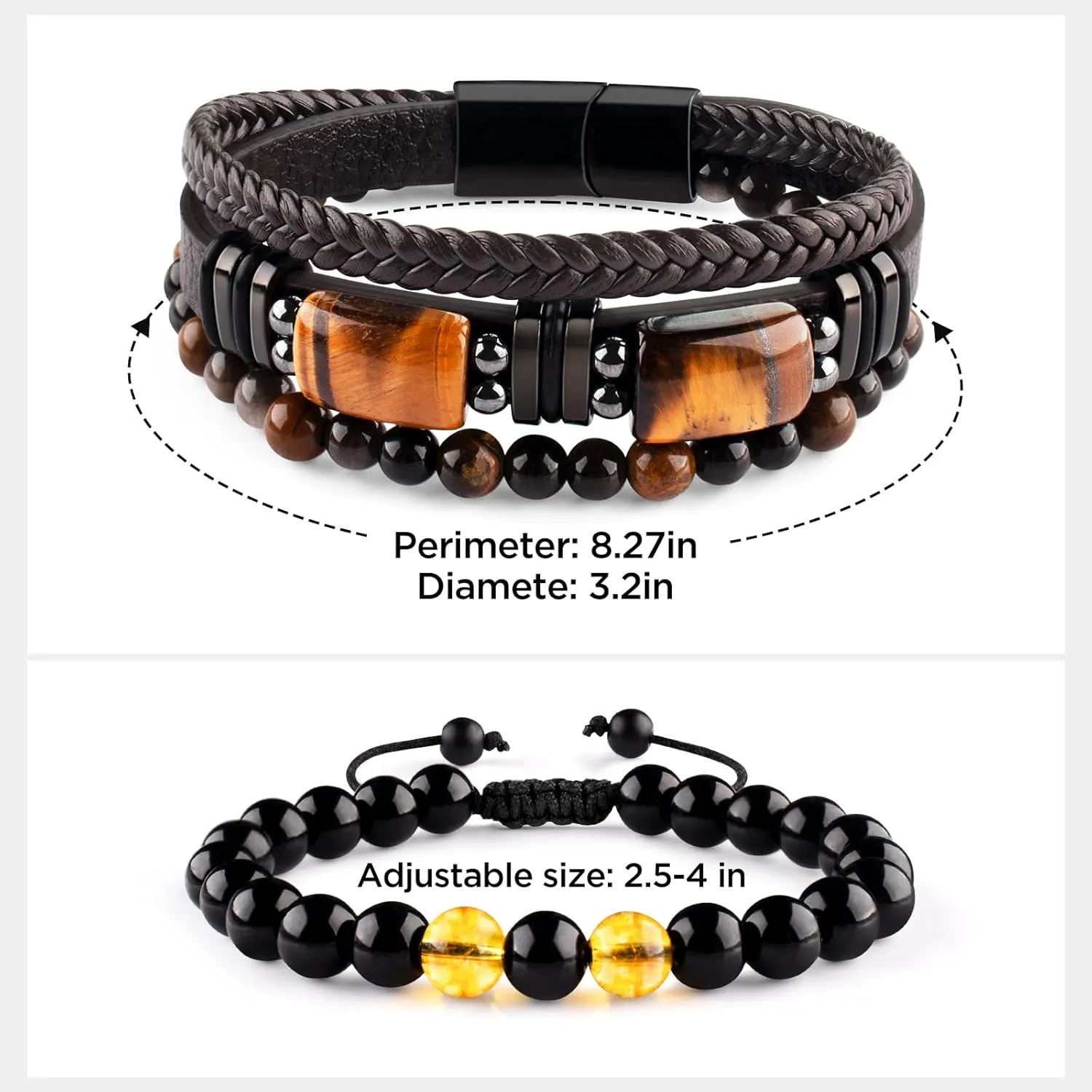 Mens Leather Tiger Eye Bracelet Set Black Obsidian Natural Crystal Stone Beads Jewelry Triple Protection Bracelet for Father's Day Valentine'S Day Birthday Christmas Gift