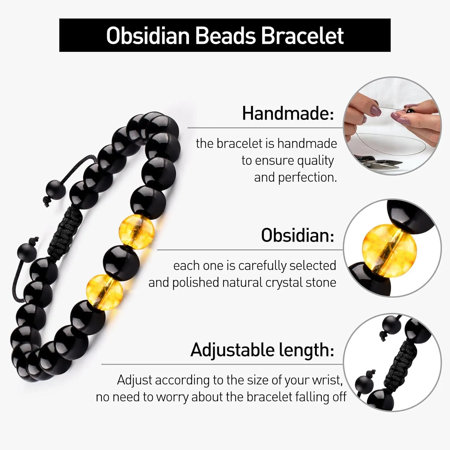 Mens Leather Tiger Eye Bracelet Set Black Obsidian Natural Crystal Stone Beads Jewelry Triple Protection Bracelet for Father's Day Valentine'S Day Birthday Christmas Gift