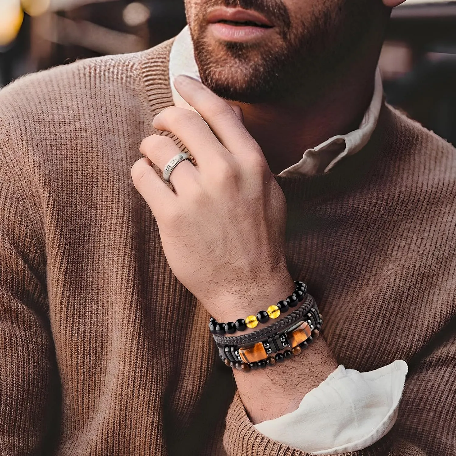 Mens Leather Tiger Eye Bracelet Set Black Obsidian Natural Crystal Stone Beads Jewelry Triple Protection Bracelet for Father's Day Valentine'S Day Birthday Christmas Gift