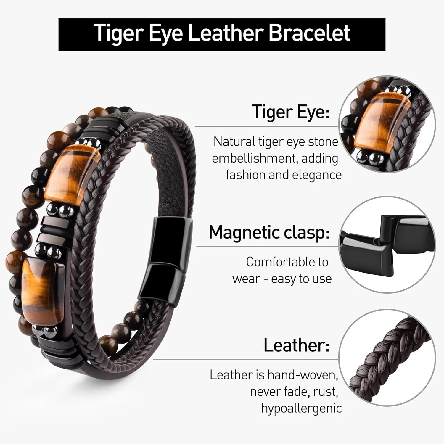 Mens Leather Tiger Eye Bracelet Set Black Obsidian Natural Crystal Stone Beads Jewelry Triple Protection Bracelet for Father's Day Valentine'S Day Birthday Christmas Gift