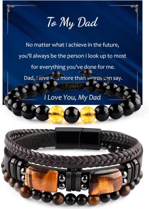 Mens Leather Tiger Eye Bracelet Set Black Obsidian Natural Crystal Stone Beads Jewelry Triple Protection Bracelet for Father's Day Valentine'S Day Birthday Christmas Gift