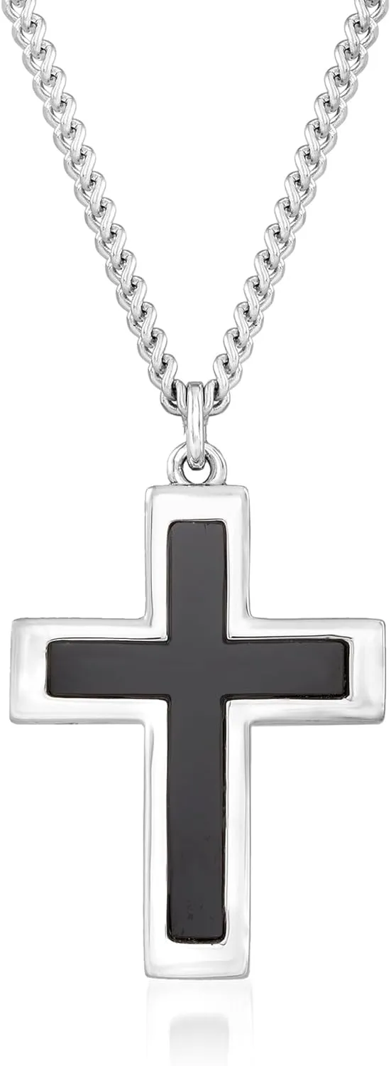 Men's Onyx Cross Pendant Necklace in Sterling Silver and Stainless Steel. 24 inches