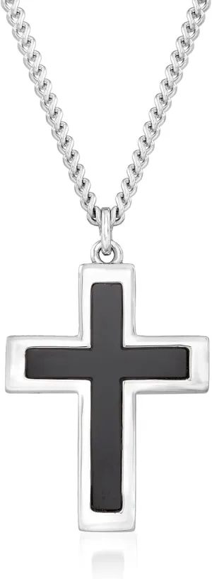 Men's Onyx Cross Pendant Necklace in Sterling Silver and Stainless Steel. 24 inches