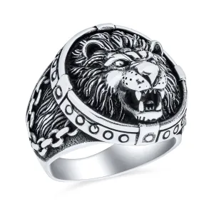 Mens Silver Ring - Vintage Style King of Jungle Lion Signet Oxidized Sterling Silver