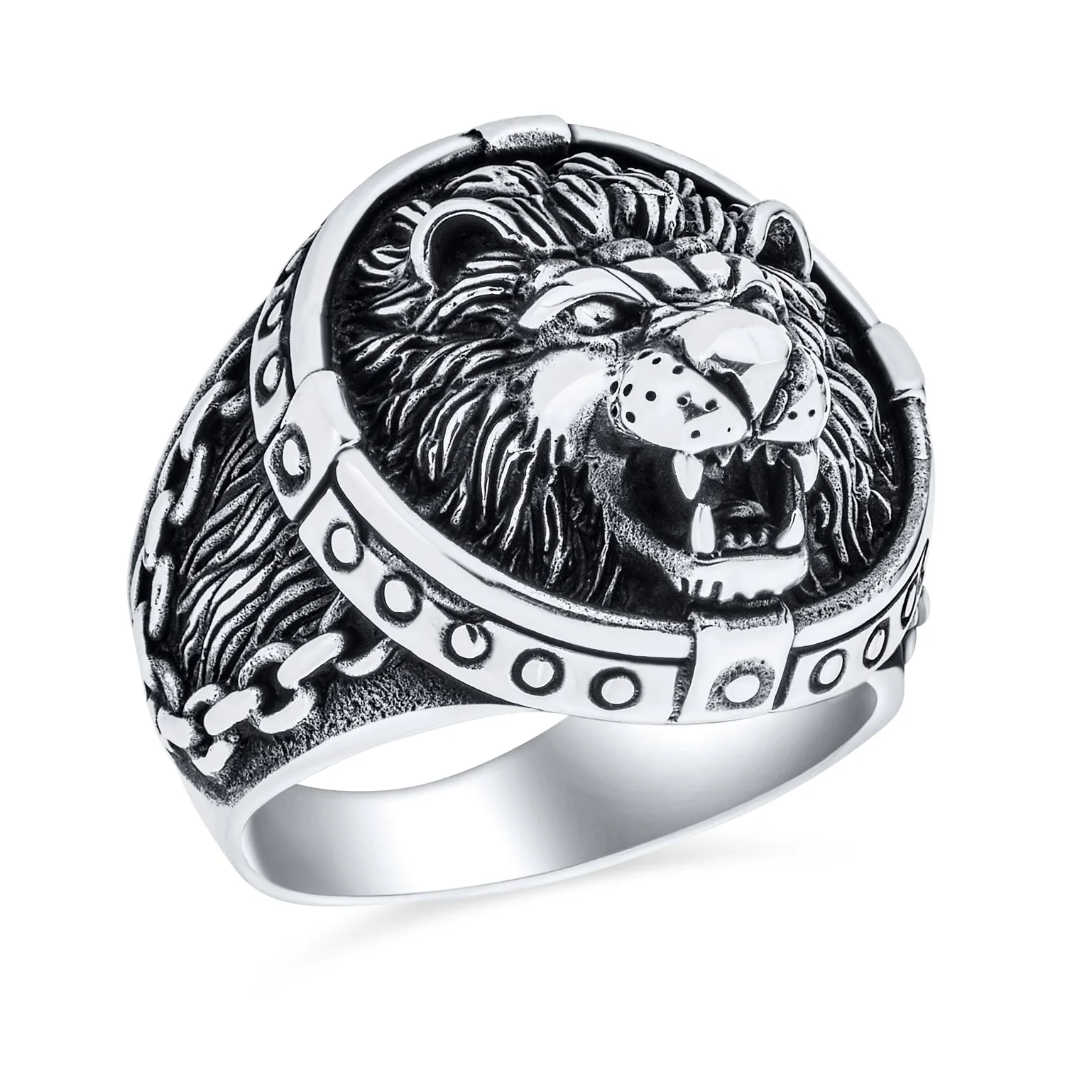Mens Silver Ring - Vintage Style King of Jungle Lion Signet Oxidized Sterling Silver