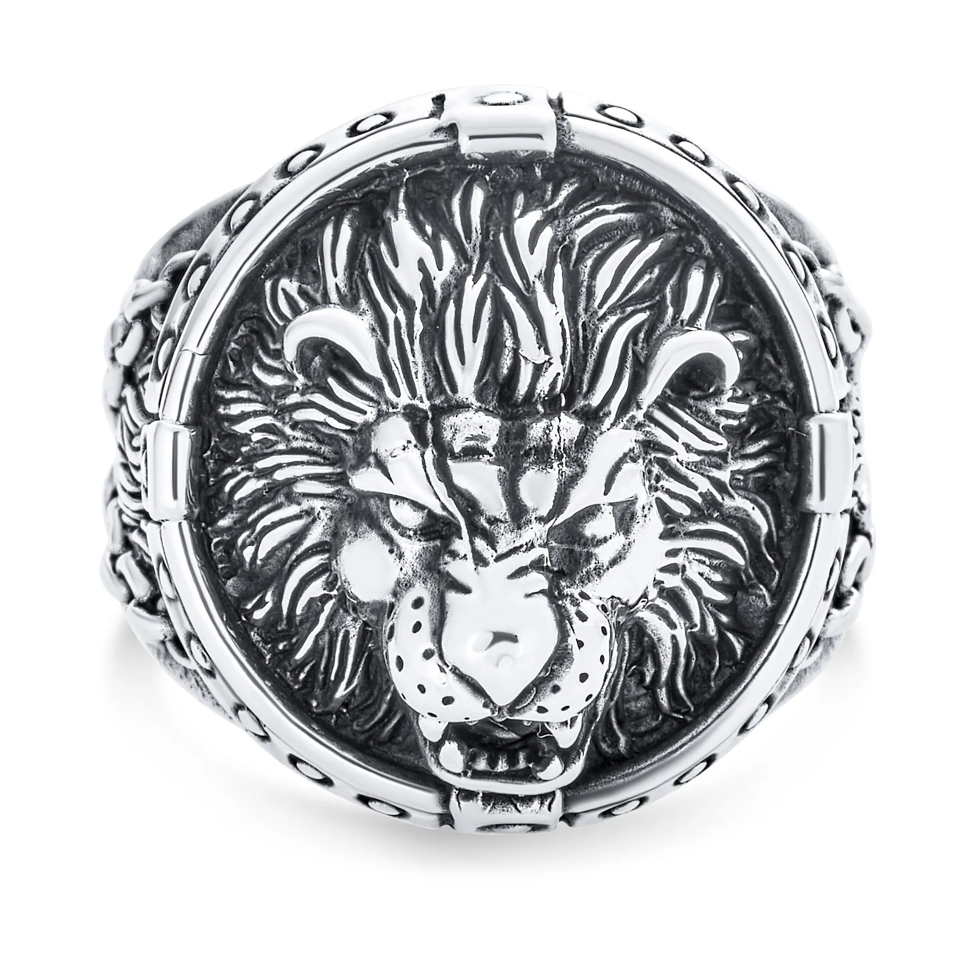 Mens Silver Ring - Vintage Style King of Jungle Lion Signet Oxidized Sterling Silver