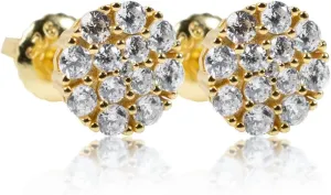 Mens Small Trendy Round 14k Yellow Gold Plated 925 Sterling Silver Micro Tiny Hip Hop Circle Shape Iced 5A CZ Flower Cluster Screw Back Earrings For Men Women