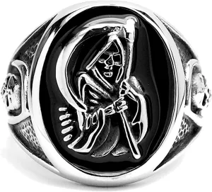 Men's Stainless Steel Casted Grim Reaper Ring with Enamel Sizes 8 to 14