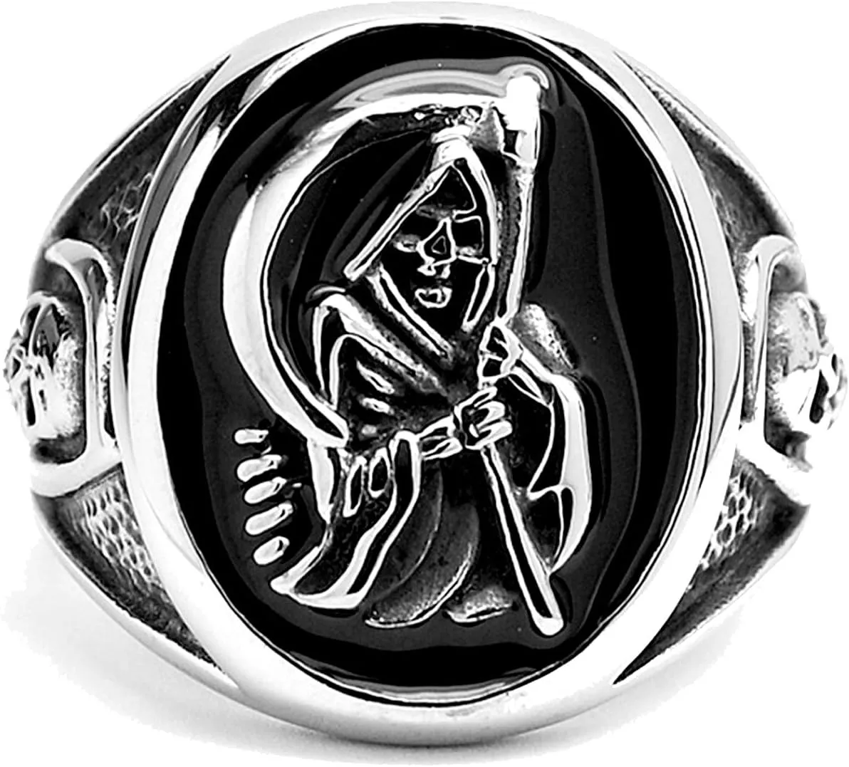 Men's Stainless Steel Casted Grim Reaper Ring with Enamel Sizes 8 to 14