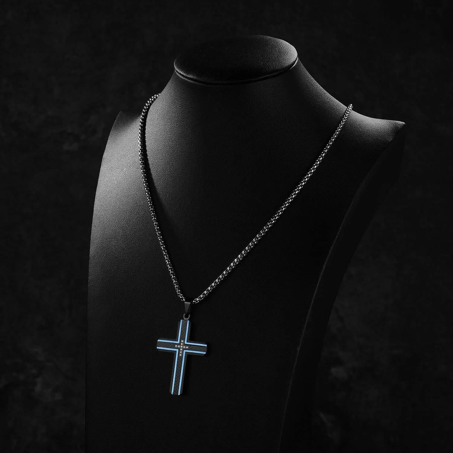 Men's Stainless Steel Cross Necklace,Two-Tone Black & Blue Carbon Fiber Pendant - Included Gift Box