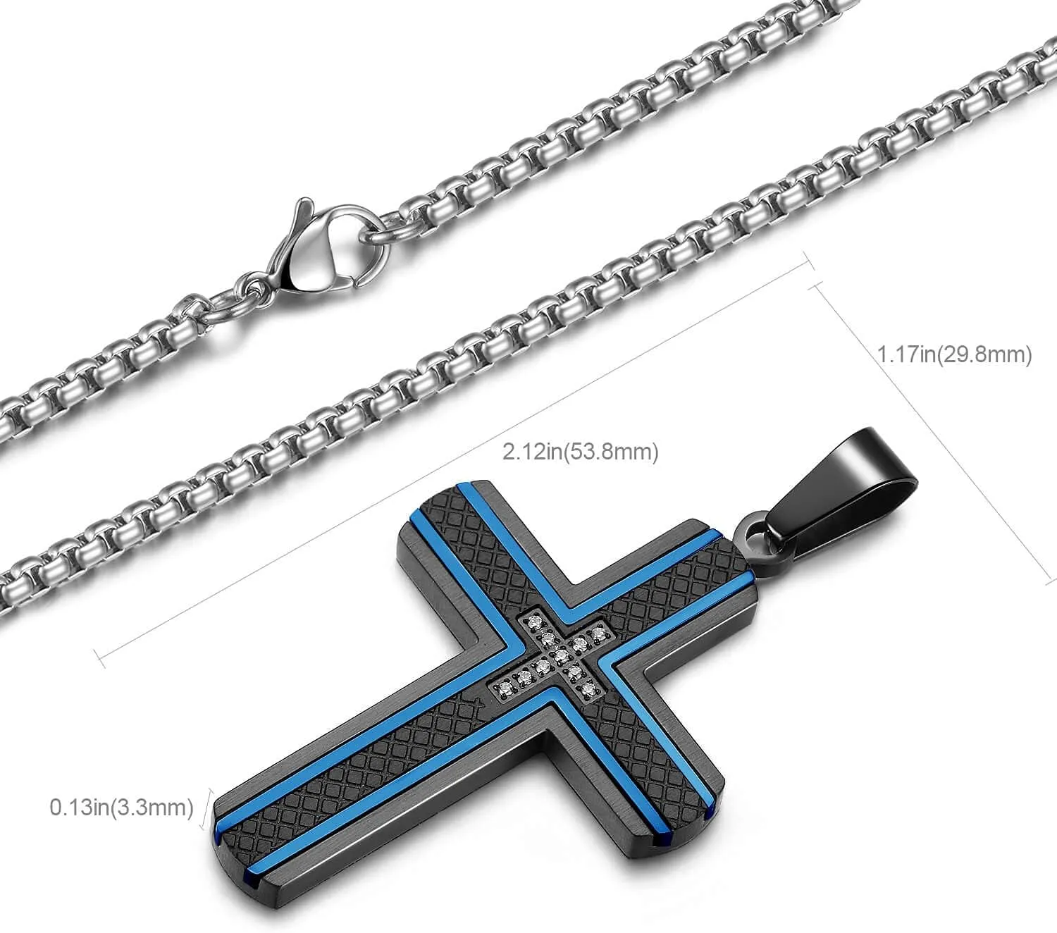 Men's Stainless Steel Cross Necklace,Two-Tone Black & Blue Carbon Fiber Pendant - Included Gift Box
