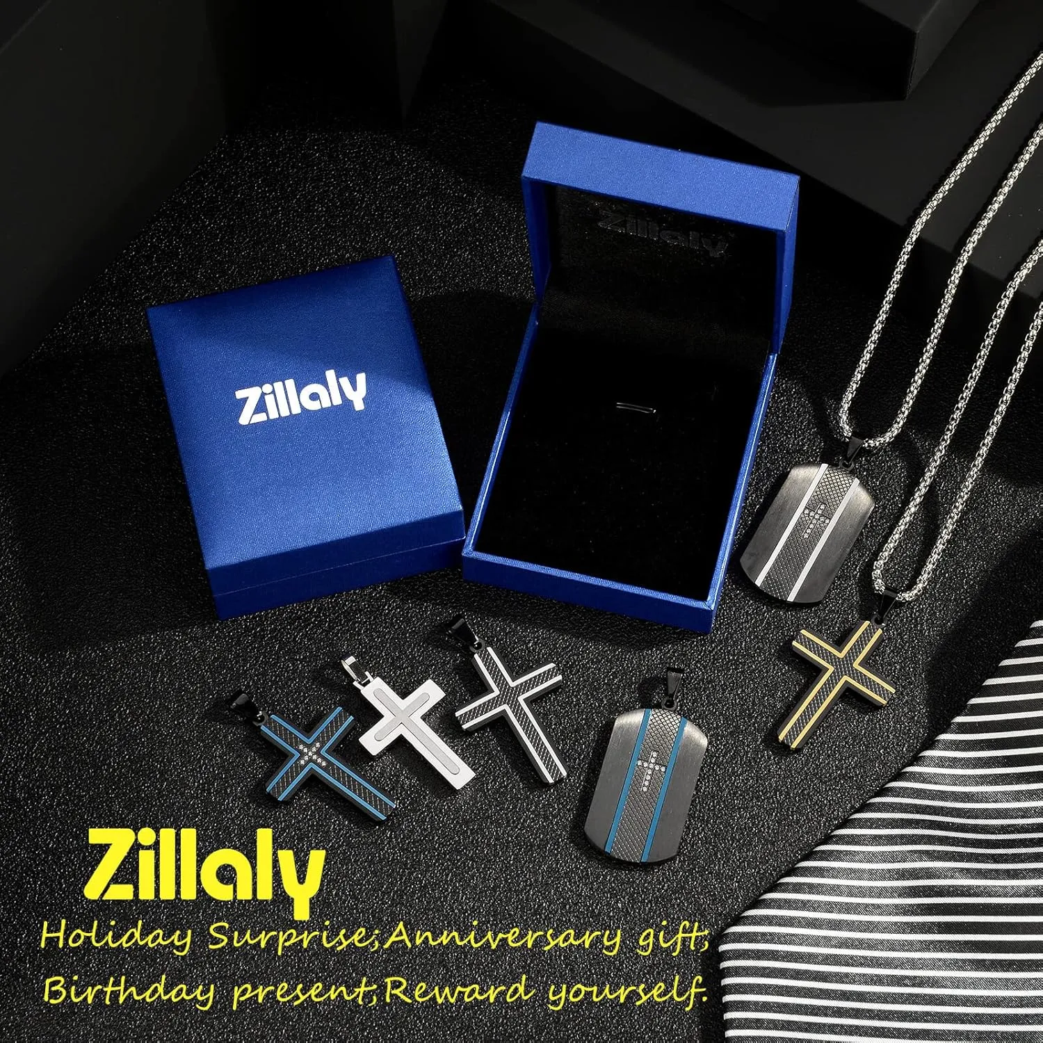 Men's Stainless Steel Cross Necklace,Two-Tone Black & Blue Carbon Fiber Pendant - Included Gift Box