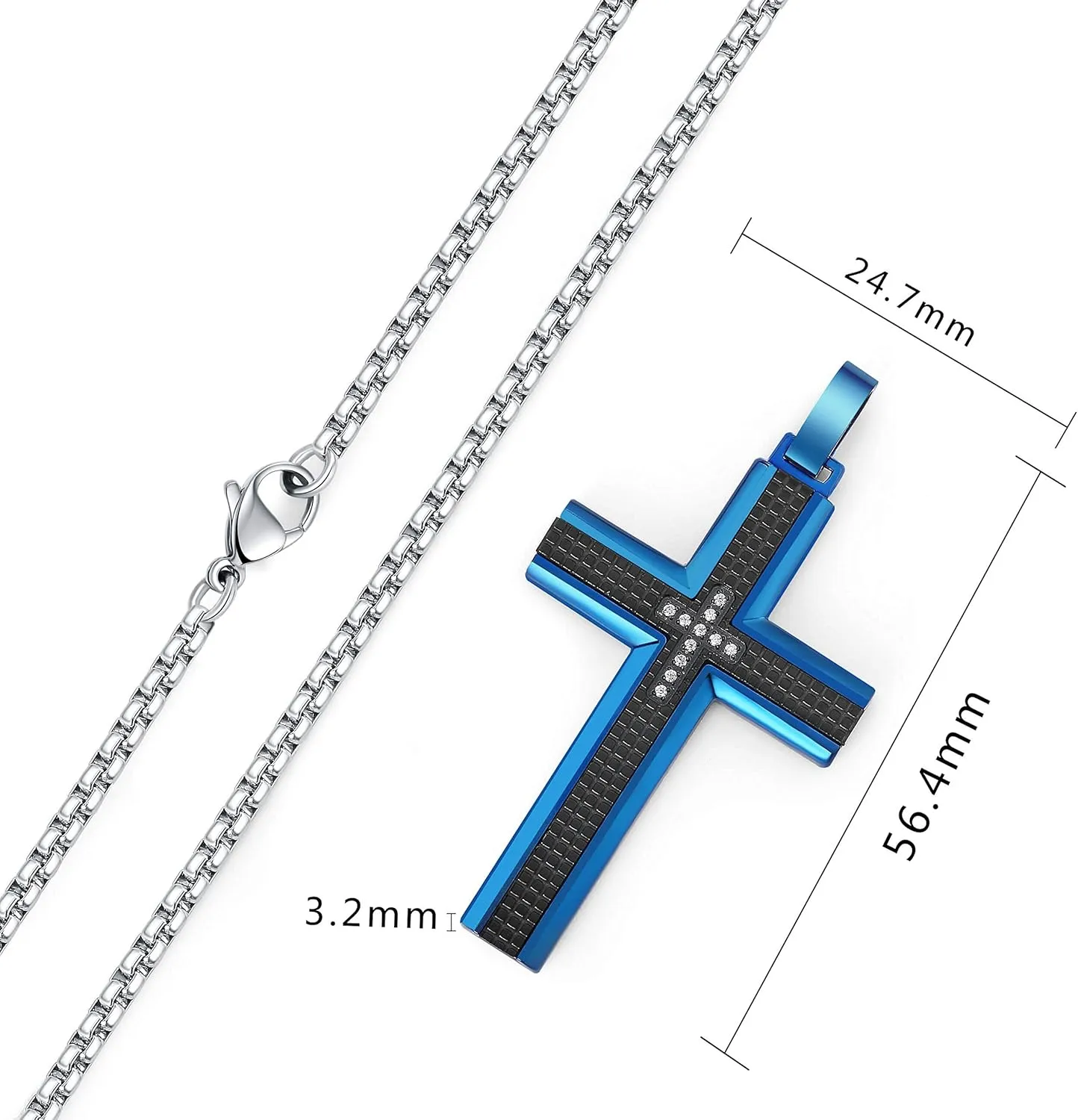 Men's Stainless Steel Cross Necklace,Two-Tone Black & Blue Carbon Fiber Pendant - Included Gift Box