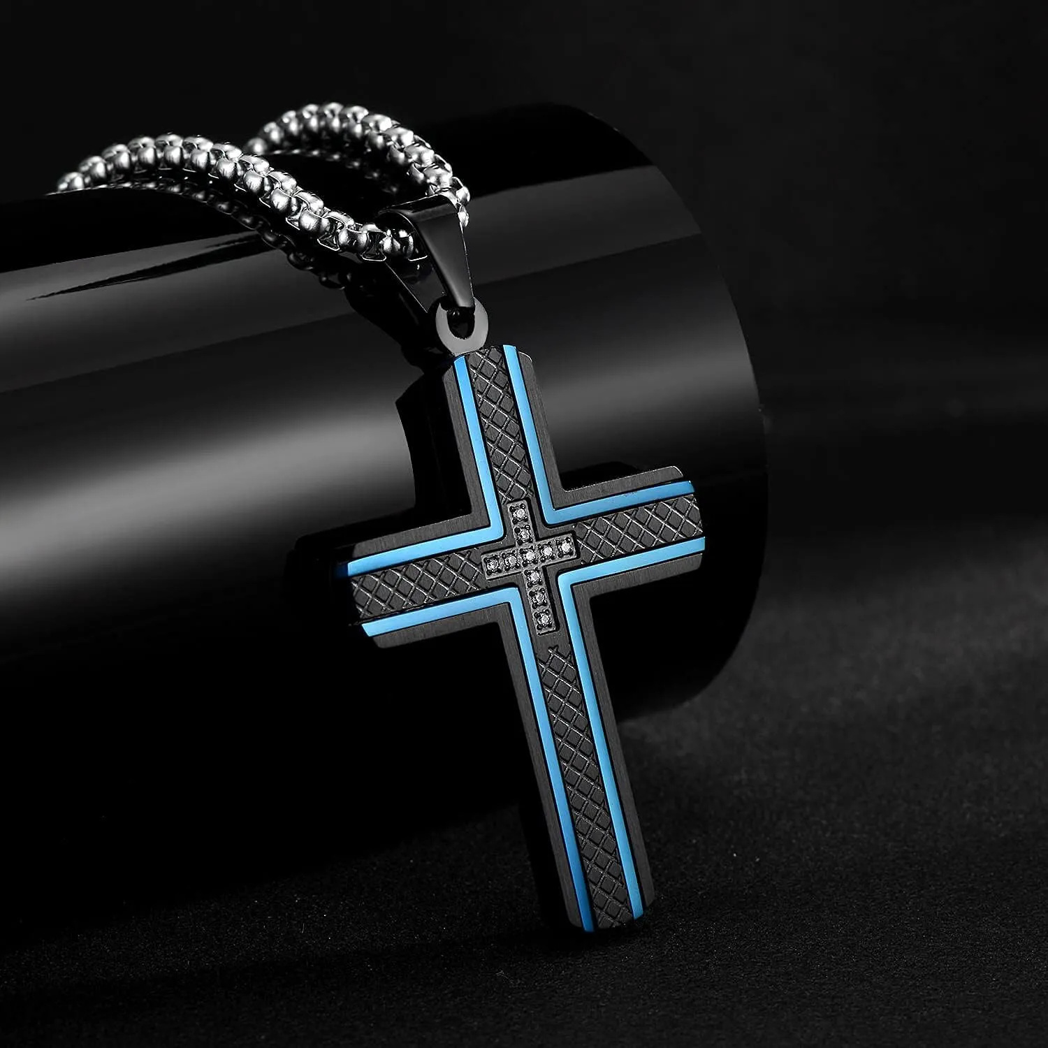 Men's Stainless Steel Cross Necklace,Two-Tone Black & Blue Carbon Fiber Pendant - Included Gift Box