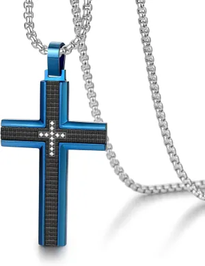 Men's Stainless Steel Cross Necklace,Two-Tone Black & Blue Carbon Fiber Pendant - Included Gift Box