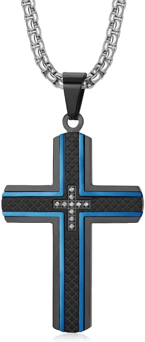 Men's Stainless Steel Cross Necklace,Two-Tone Black & Blue Carbon Fiber Pendant - Included Gift Box