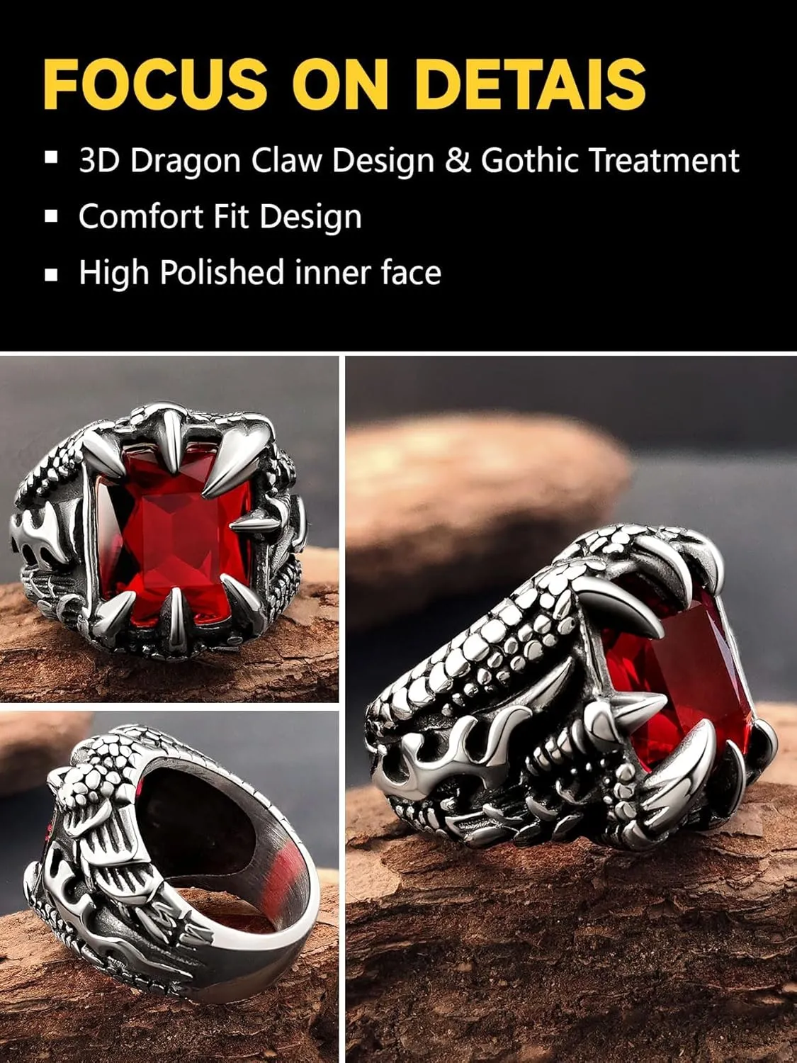 Men's Stainless Steel Dragon Claw Ring - Gothic Biker Style with Black/18K Gold Finish, Red/Black Gemstone, Crystal Stone Signet Ring Punk Jewelry, Size 7-14, Includes Gift Box
