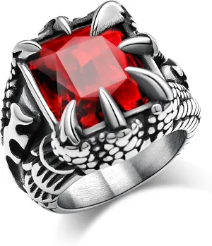 Men's Stainless Steel Dragon Claw Ring - Gothic Biker Style with Black/18K Gold Finish, Red/Black Gemstone, Crystal Stone Signet Ring Punk Jewelry, Size 7-14, Includes Gift Box