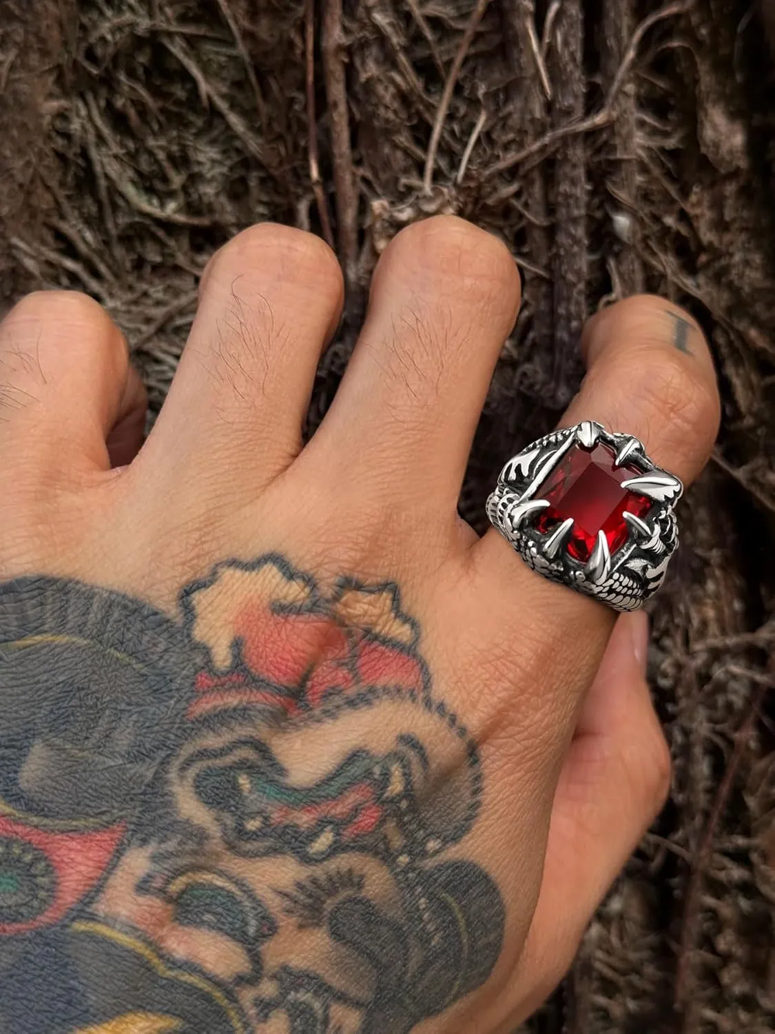 Men's Stainless Steel Dragon Claw Ring - Gothic Biker Style with Black/18K Gold Finish, Red/Black Gemstone, Crystal Stone Signet Ring Punk Jewelry, Size 7-14, Includes Gift Box