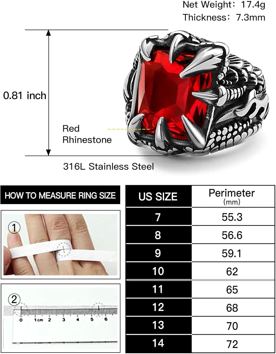 Men's Stainless Steel Dragon Claw Ring - Gothic Biker Style with Black/18K Gold Finish, Red/Black Gemstone, Crystal Stone Signet Ring Punk Jewelry, Size 7-14, Includes Gift Box