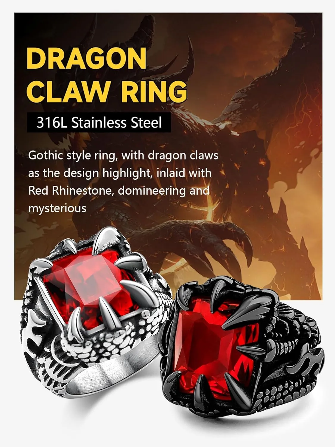 Men's Stainless Steel Dragon Claw Ring - Gothic Biker Style with Black/18K Gold Finish, Red/Black Gemstone, Crystal Stone Signet Ring Punk Jewelry, Size 7-14, Includes Gift Box