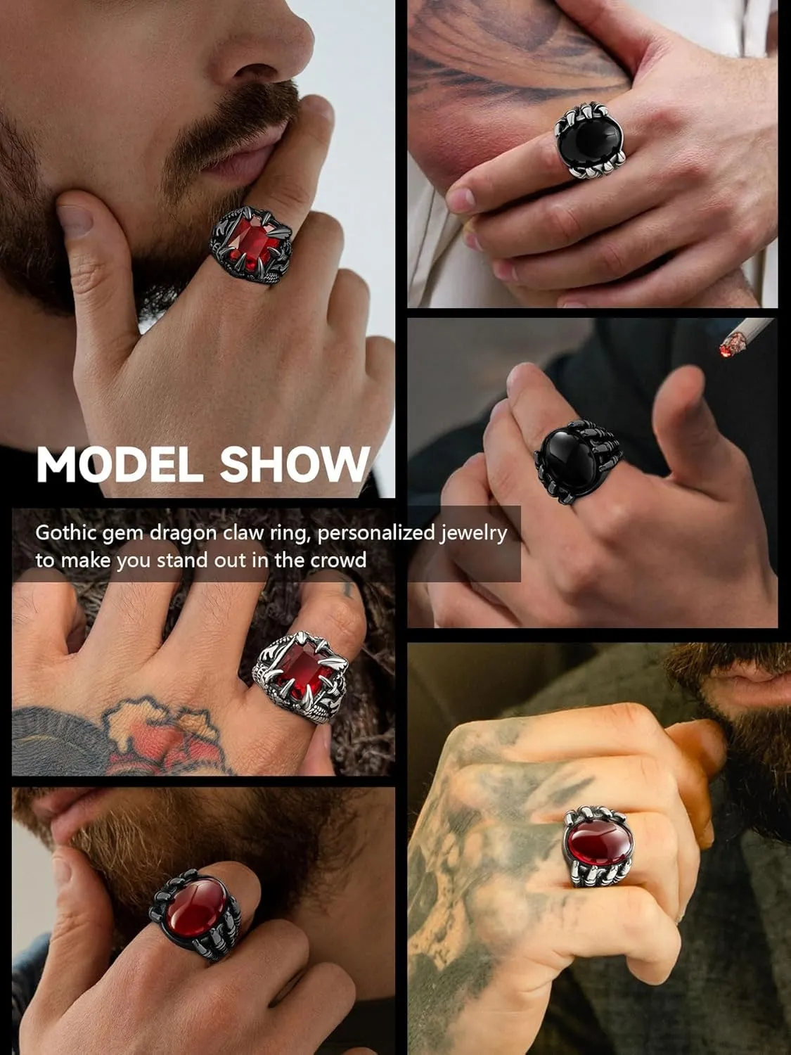 Men's Stainless Steel Dragon Claw Ring - Gothic Biker Style with Black/18K Gold Finish, Red/Black Gemstone, Crystal Stone Signet Ring Punk Jewelry, Size 7-14, Includes Gift Box