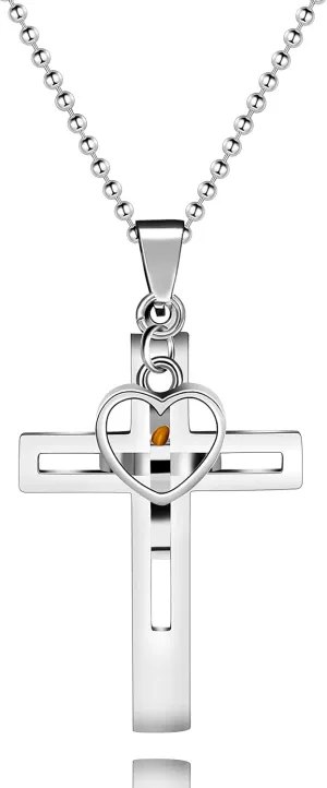 Men's Stainless Steel Hollow Cross Necklace with Mustard Seed Christian Pendant Necklaces for Boy Y657