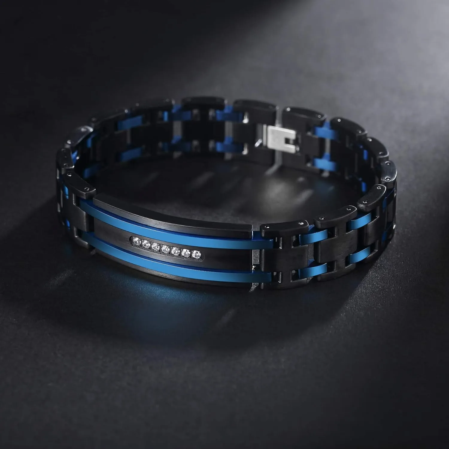 Men's Stainless Steel Two-Tone Square Link diamond Bracelet in Black & Blue Ion-Plated Black