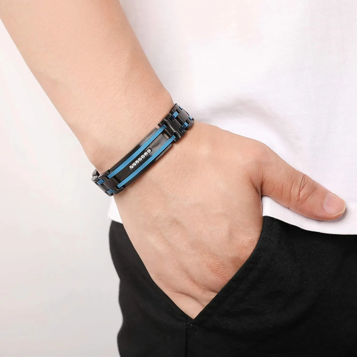 Men's Stainless Steel Two-Tone Square Link diamond Bracelet in Black & Blue Ion-Plated Black