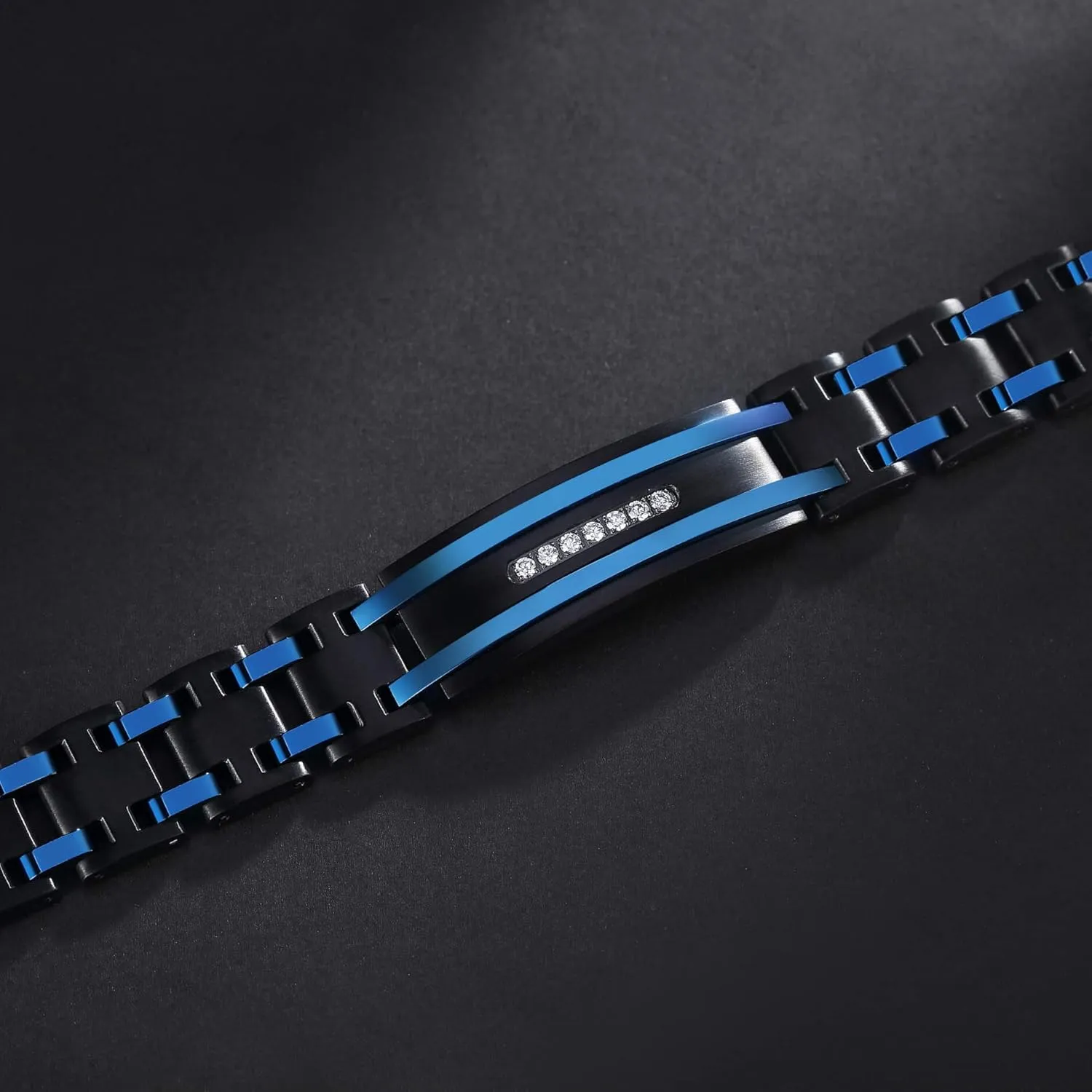 Men's Stainless Steel Two-Tone Square Link diamond Bracelet in Black & Blue Ion-Plated Black