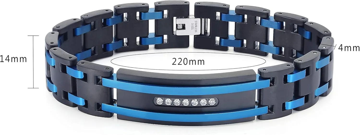 Men's Stainless Steel Two-Tone Square Link diamond Bracelet in Black & Blue Ion-Plated Black