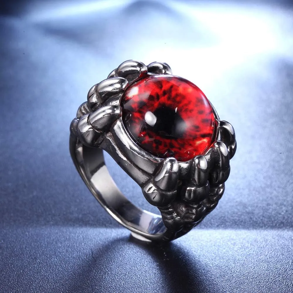 Men's Stainless Steel Vintage Gothic Biker Dragon Claw Evil Devil Eyeball Ring Punk Rock Style
