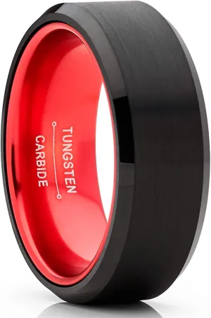 Metal Masters Co. Black Tungsten Wedding Band Men's Women's Unisex Ring Orange, Green, Red, Purple Interior Beveled Edge Brushed 8mm