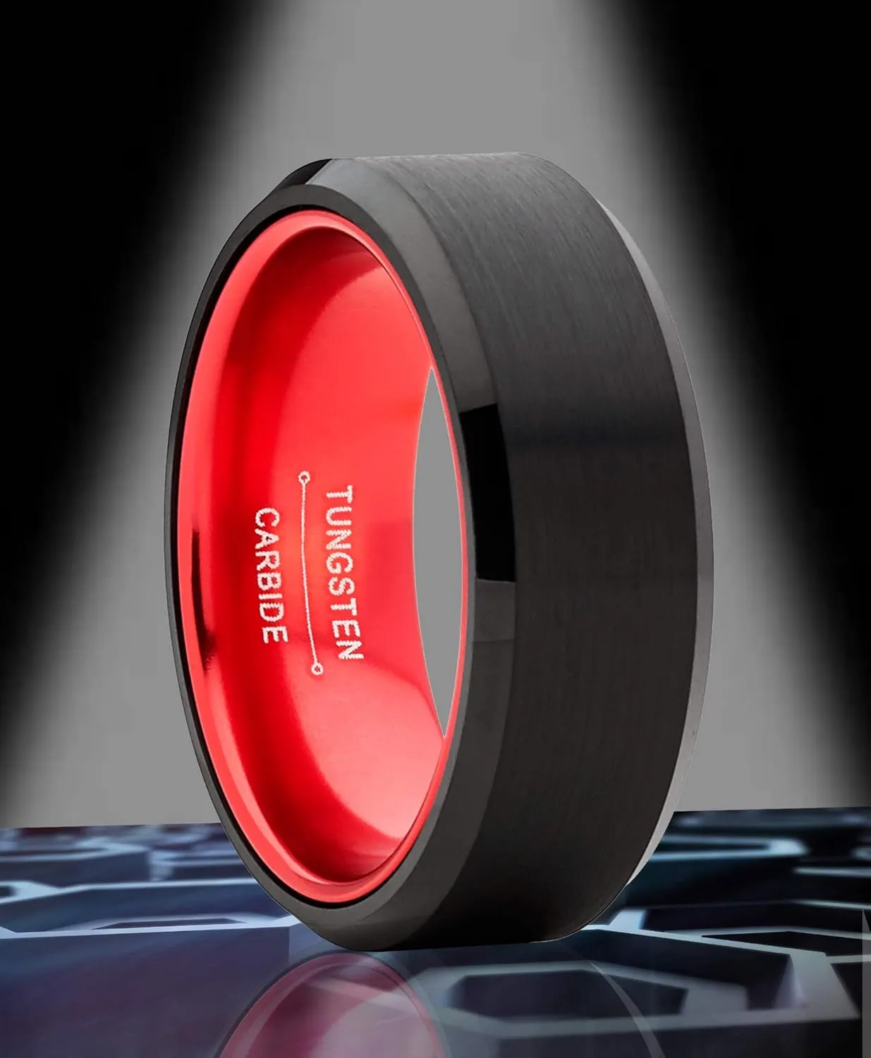 Metal Masters Co. Black Tungsten Wedding Band Men's Women's Unisex Ring Orange, Green, Red, Purple Interior Beveled Edge Brushed 8mm