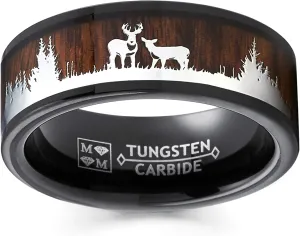 Metal Masters Men's Co. Black Tungsten Hunting Ring Wedding Band Wood Inlay Deer Stag Silhouette