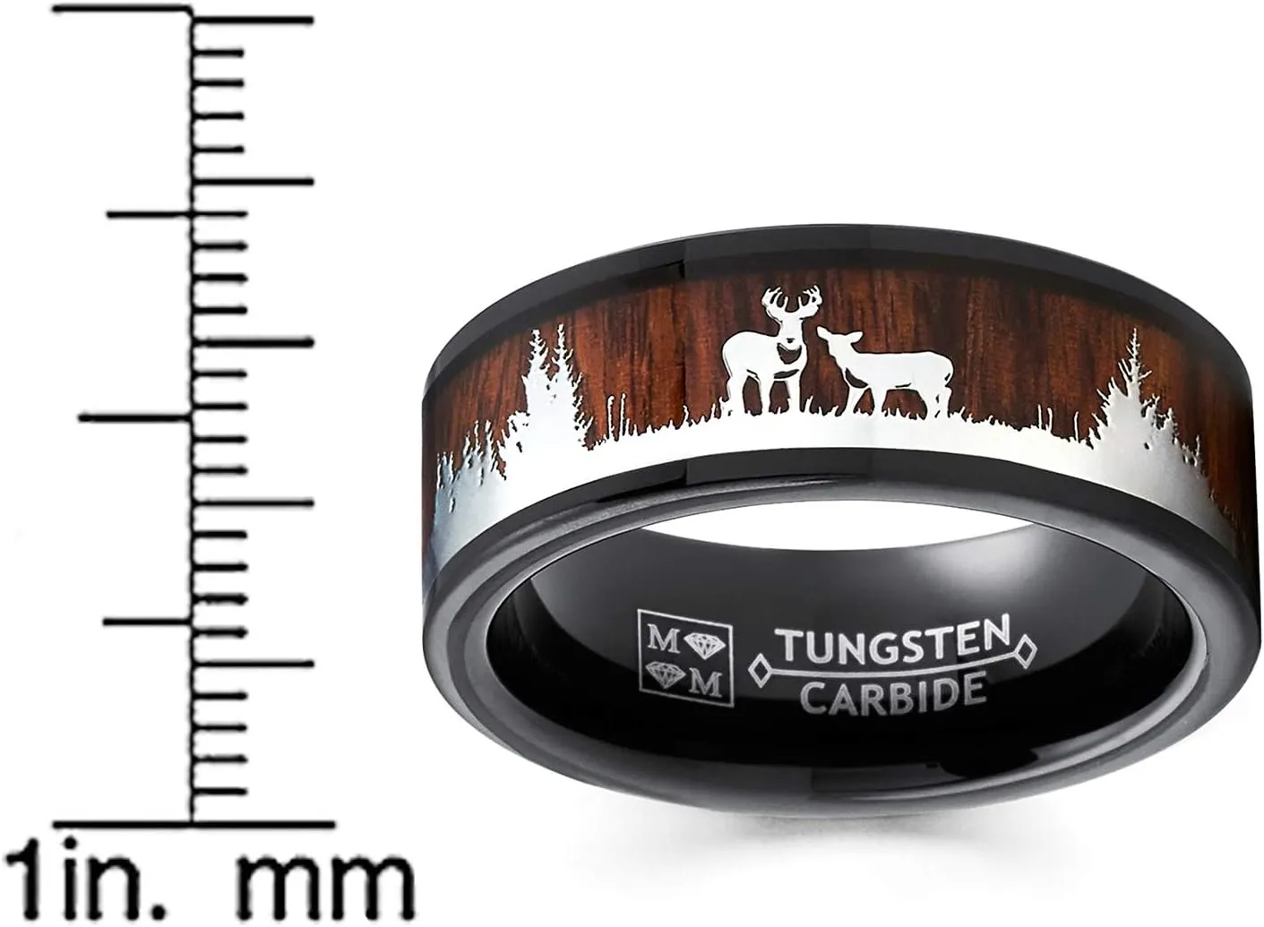 Metal Masters Men's Co. Black Tungsten Hunting Ring Wedding Band Wood Inlay Deer Stag Silhouette