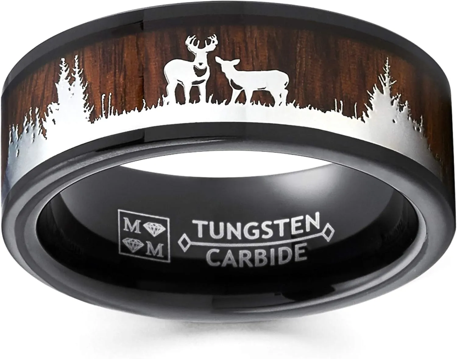 Metal Masters Men's Co. Black Tungsten Hunting Ring Wedding Band Wood Inlay Deer Stag Silhouette