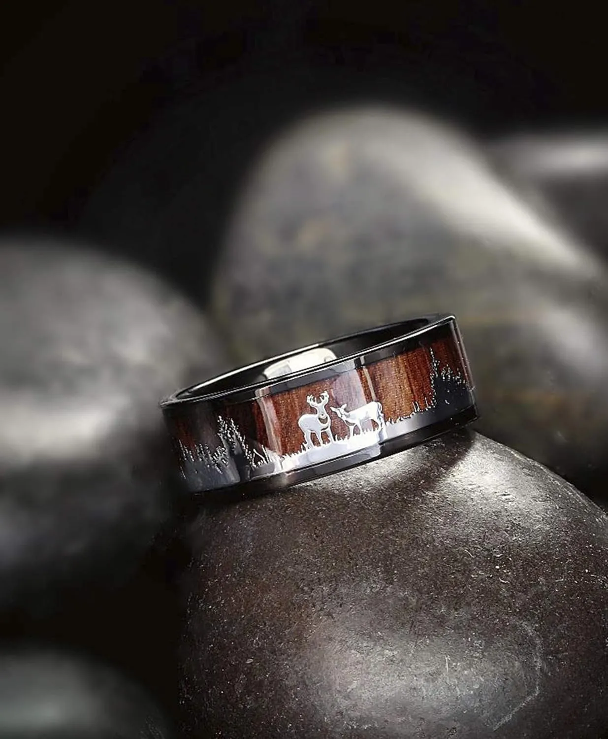 Metal Masters Men's Co. Black Tungsten Hunting Ring Wedding Band Wood Inlay Deer Stag Silhouette