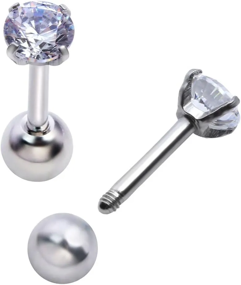 Mini Cubic Zirconia 16G Earring Studs Round Rhinestone Diamond Stainless Steel Post Back Ball Screw Men Women Boy Girl Nose Helix Cartilage Ear Lobe Small Cute Piercing Jewelry