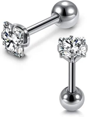 Mini Cubic Zirconia 16G Earring Studs Round Rhinestone Diamond Stainless Steel Post Back Ball Screw Men Women Boy Girl Nose Helix Cartilage Ear Lobe Small Cute Piercing Jewelry