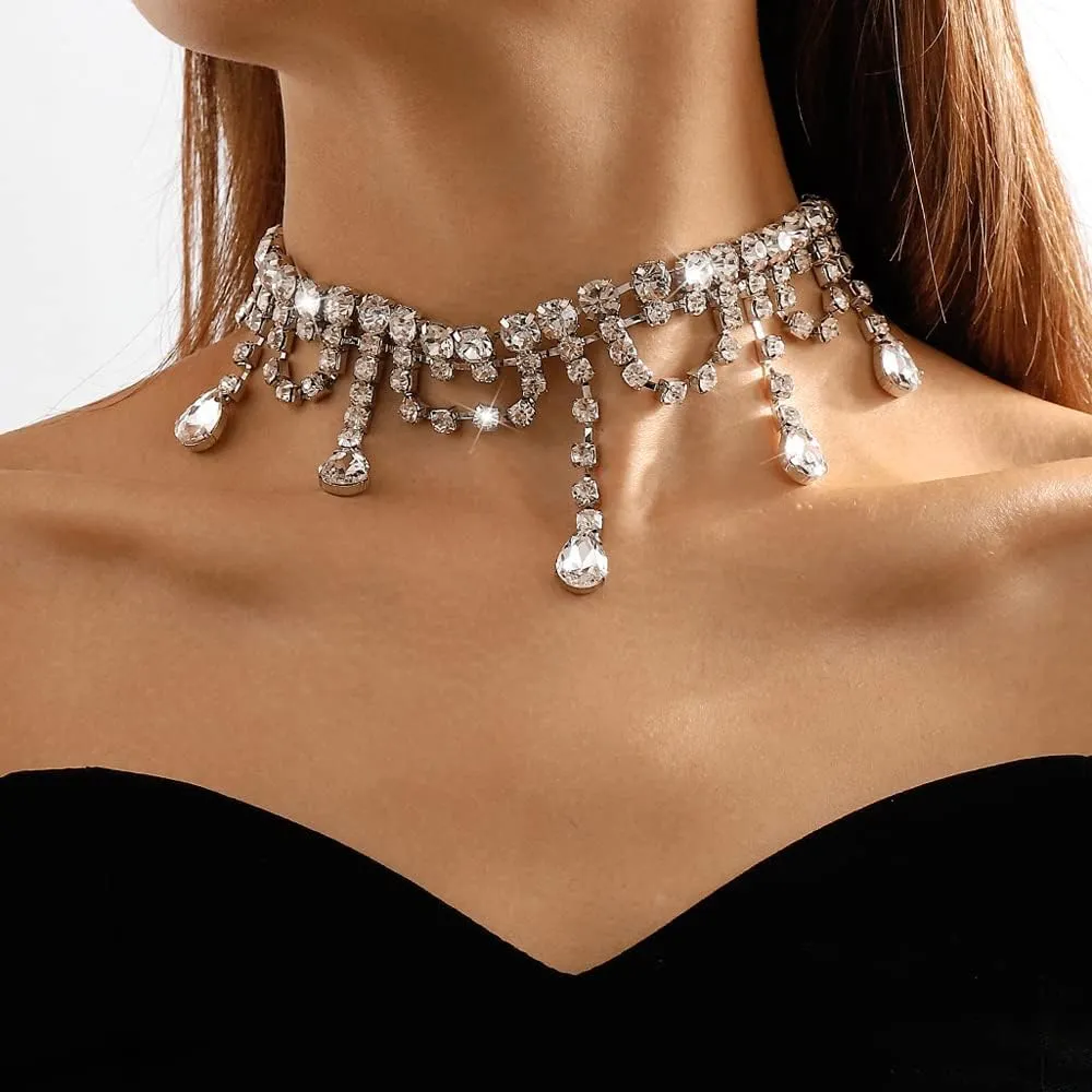 Missgrace Vintage Boho Full Rhinestones Necklaces Tassel Layered Statement Chunky Chain Necklace for Women (Silver)