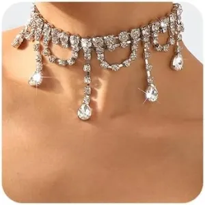 Missgrace Vintage Boho Full Rhinestones Necklaces Tassel Layered Statement Chunky Chain Necklace for Women (Silver)